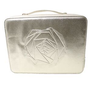 LANCOME Cosmetic Makeup Bag Womens Gold Embossed Rose Zip Train Case 13x11x3